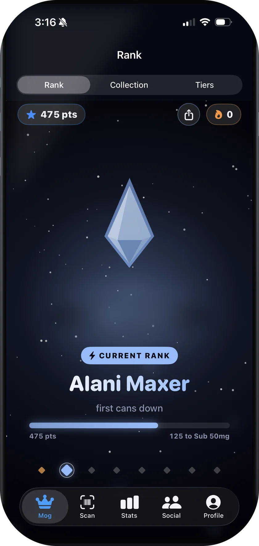 Rank screen: your place on the rank ladder