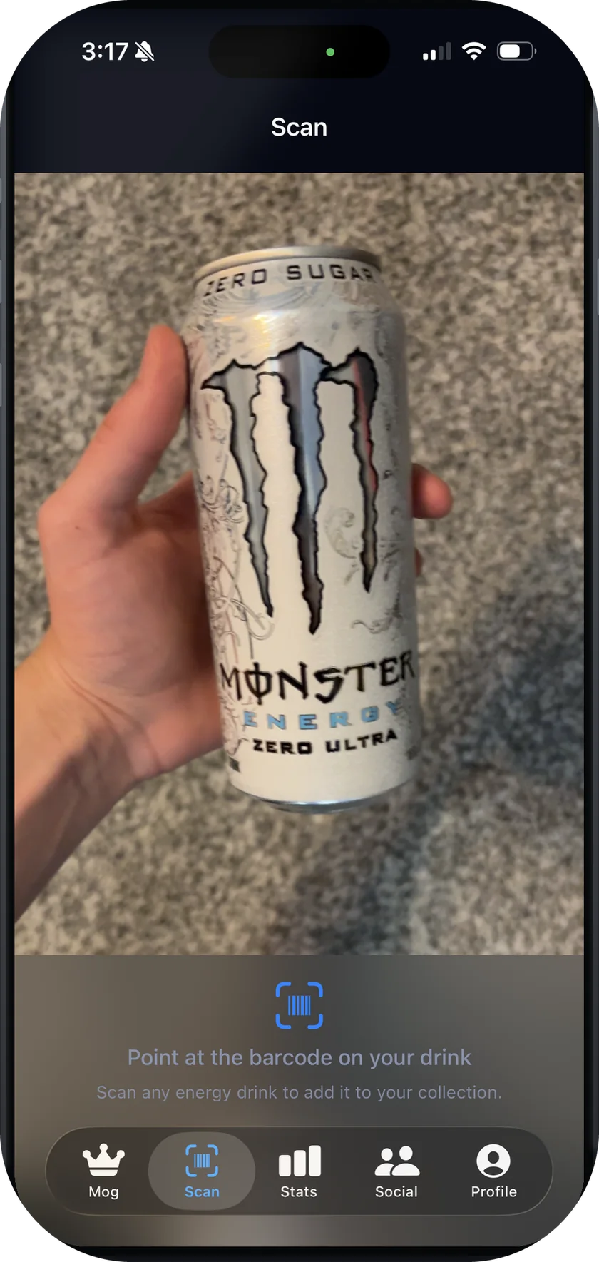 CaffeineMog scan screen: the camera pointed at a Monster can to add it